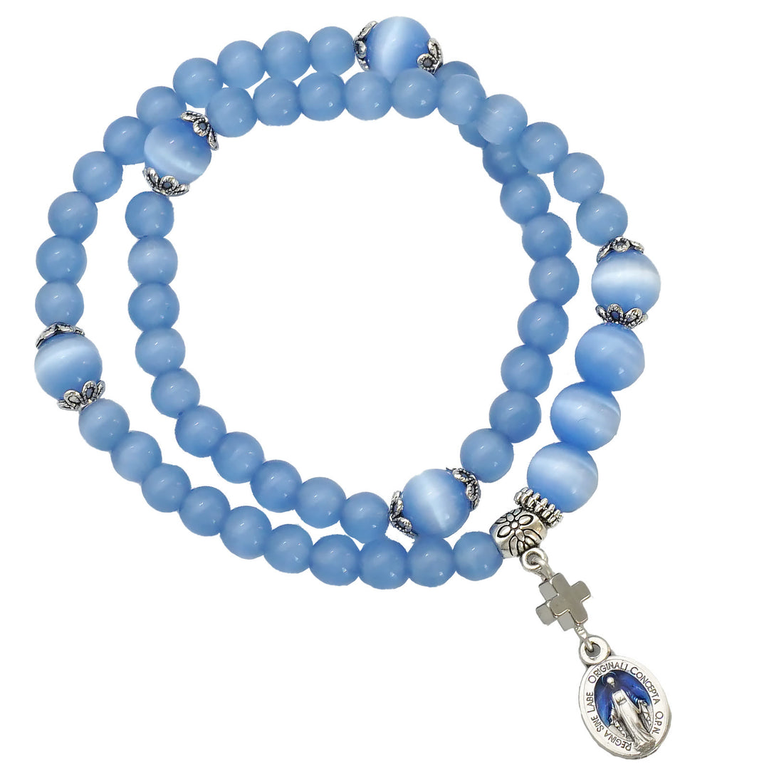 Christianartworkshop Minimalist Adjustable Bracelet with Multicolored Cat's Eye Stones and Miraculous Medal - Sky Blue - image 7