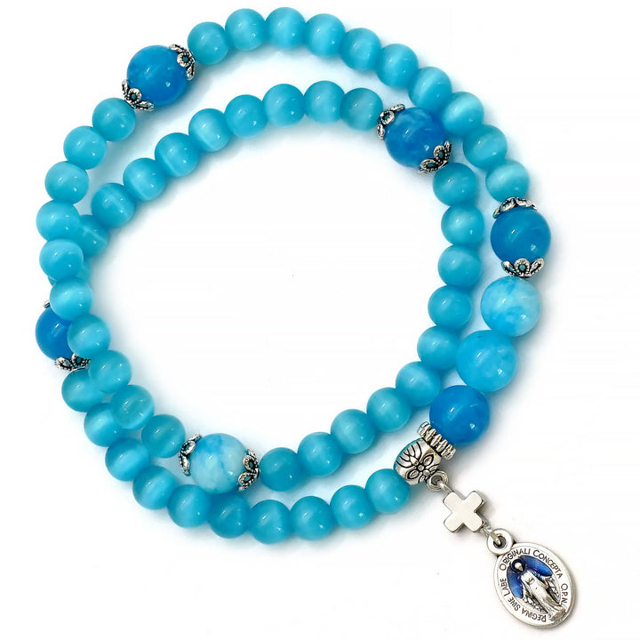 Christianartworkshop Minimalist Adjustable Bracelet with Multicolored Cat's Eye Stones and Miraculous Medal - Lake Blue - image 9