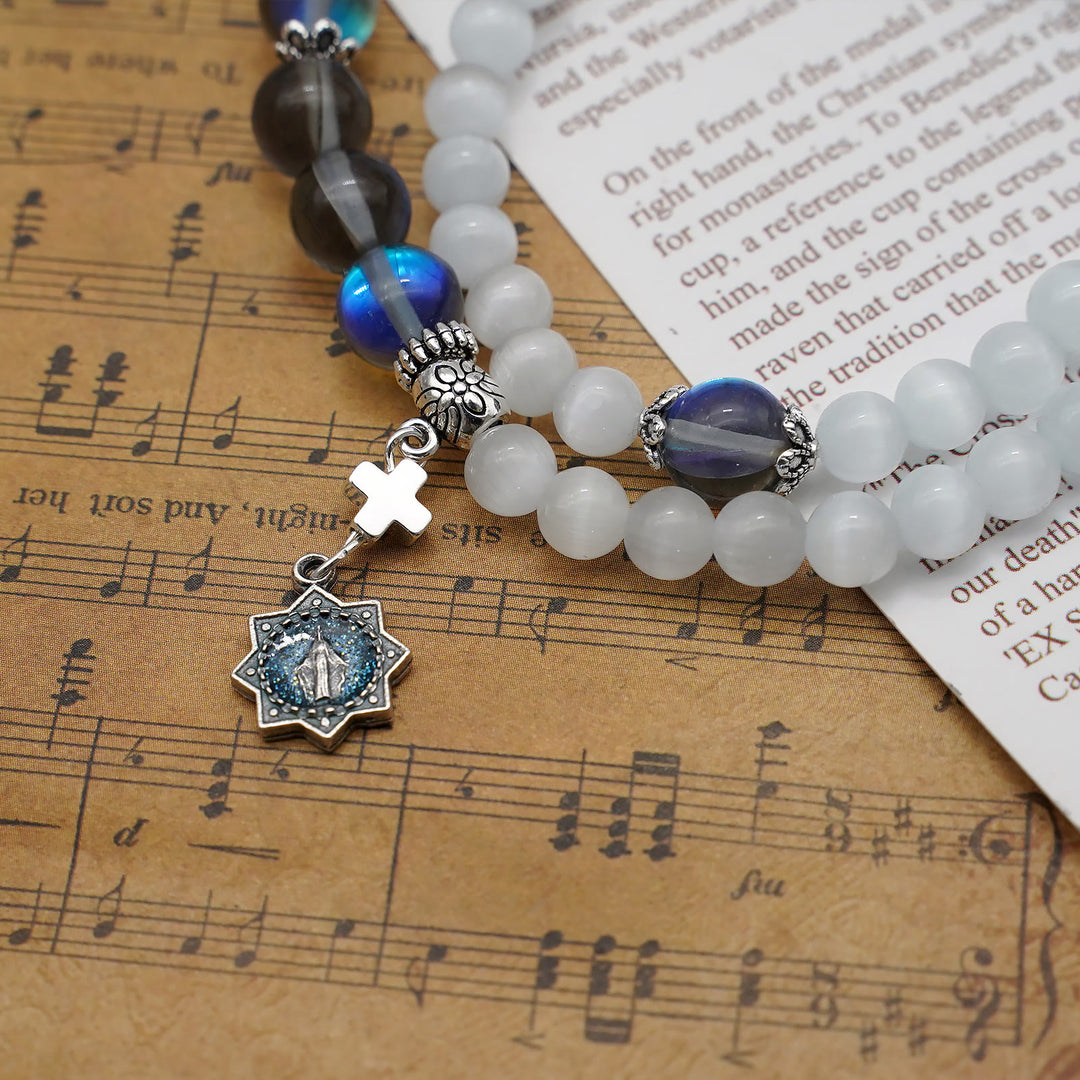 Christianartworkshop Minimalist Adjustable Bracelet with Multicolored Cat's Eye Stones and Miraculous Medal - image 3