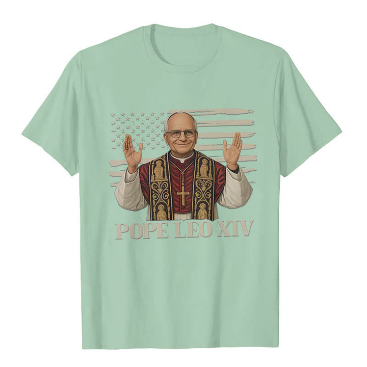 Christianartworkshop Pope Leo XIV with Patriotic Flair Unisex T-shirt - Light Green - 2XL - image 8