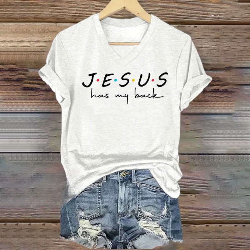 Christianartworkshop Women's Jesus Has My Back Print V-Neck T-shirt - White - 4XL - image 3