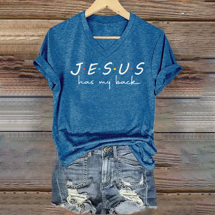 Christianartworkshop Women's Jesus Has My Back Print V-Neck T-shirt - Blue - 4XL - image 5