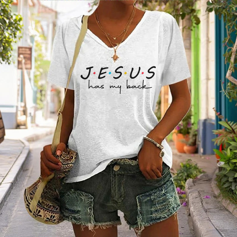 Christianartworkshop Women's Jesus Has My Back Print V-Neck T-shirt - image 3