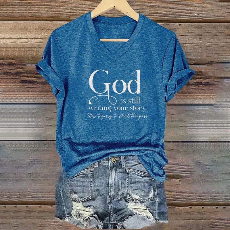 Christianartworkshop Women's God Is Still Writing Your Story Print V-Neck T-shirt - Blue - 4XL - image 5