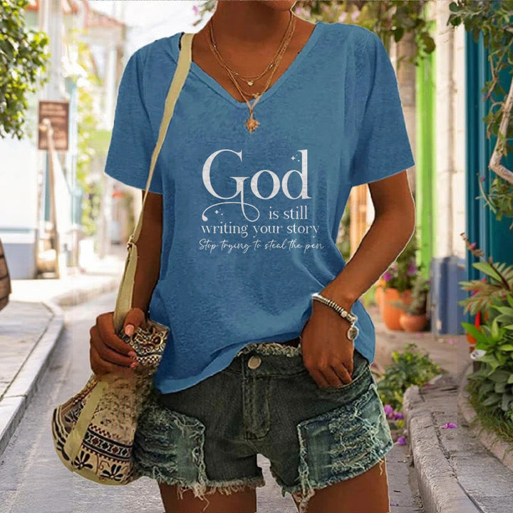 Christianartworkshop Women's God Is Still Writing Your Story Print V-Neck T-shirt - image 5