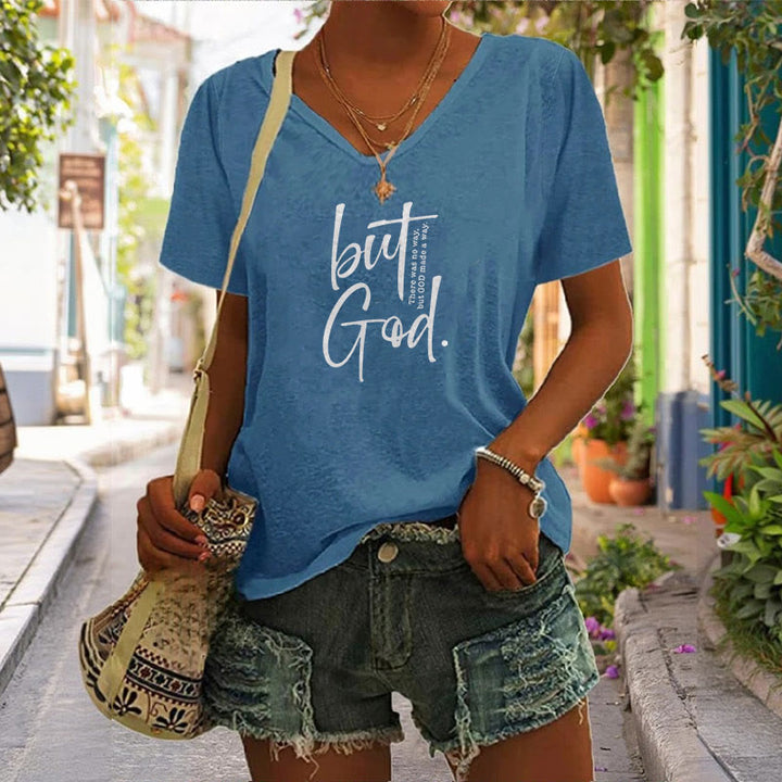 Christianartworkshop Women's Faith Christian But God Bible Verse Print V-Neck T-shirt - image 6