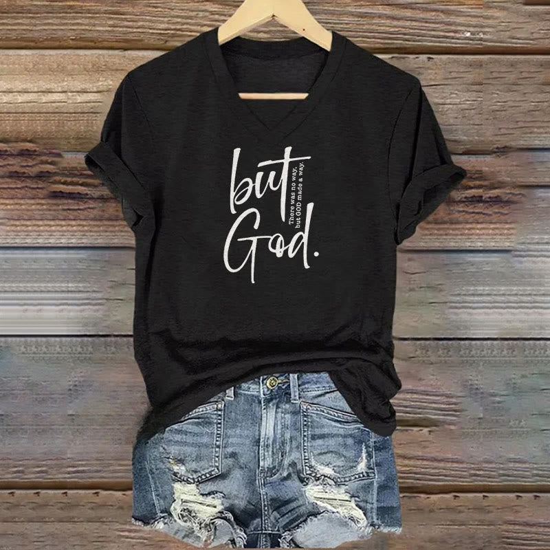 Christianartworkshop Women's Faith Christian But God Bible Verse Print V-Neck T-shirt - Black - 4XL - image 0