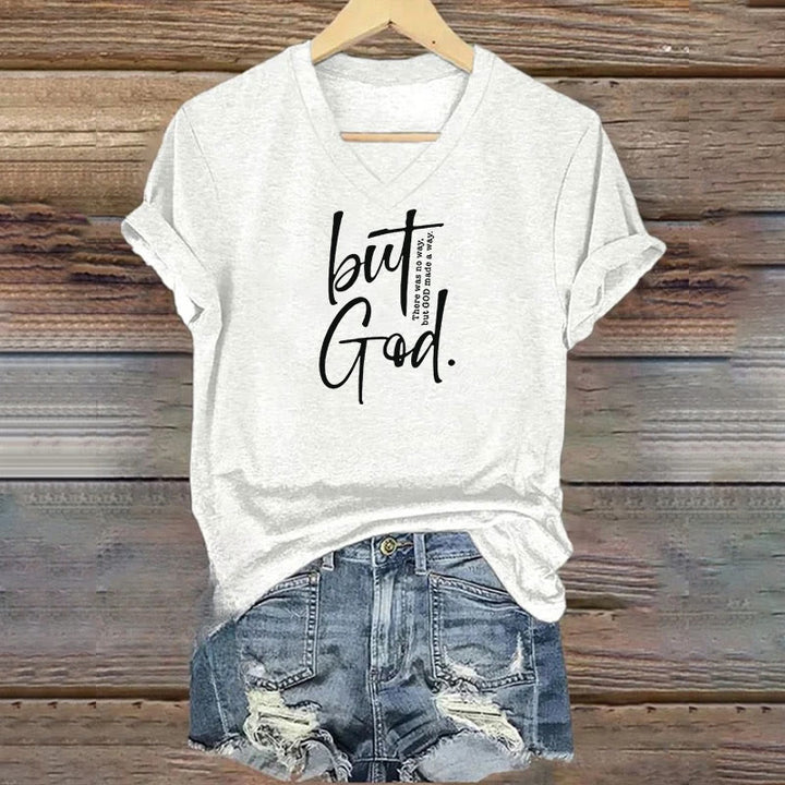 Christianartworkshop Women's Faith Christian But God Bible Verse Print V-Neck T-shirt - White - 4XL - image 3