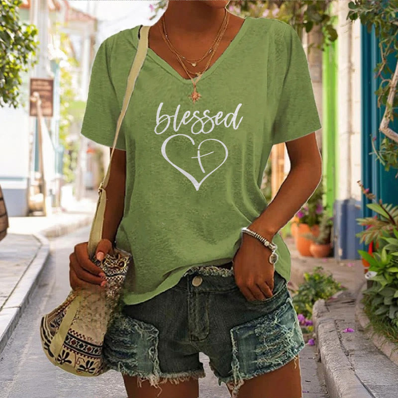 Christianartworkshop Women's Blessed Love Cross Jesus Has My Back Print V-Neck T-shirt