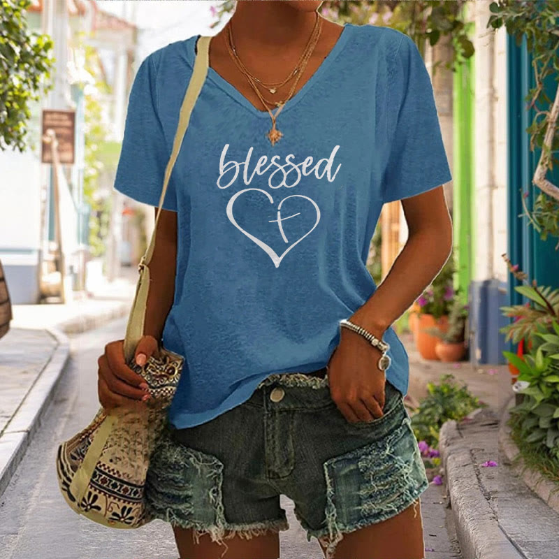 Christianartworkshop Women's Blessed Love Cross Jesus Has My Back Print V-Neck T-shirt