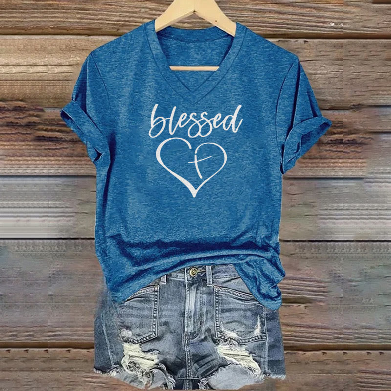 Christianartworkshop Women's Blessed Love Cross Jesus Has My Back Print V-Neck T-shirt - Blue - 4XL - image 6