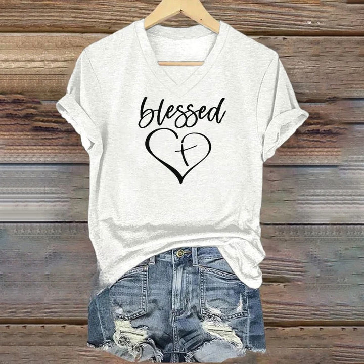 Christianartworkshop Women's Blessed Love Cross Jesus Has My Back Print V-Neck T-shirt