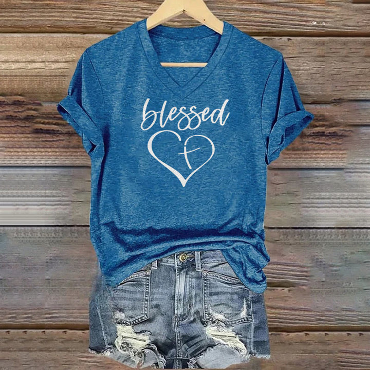 Christianartworkshop Women's Blessed Love Cross Jesus Has My Back Print V-Neck T-shirt