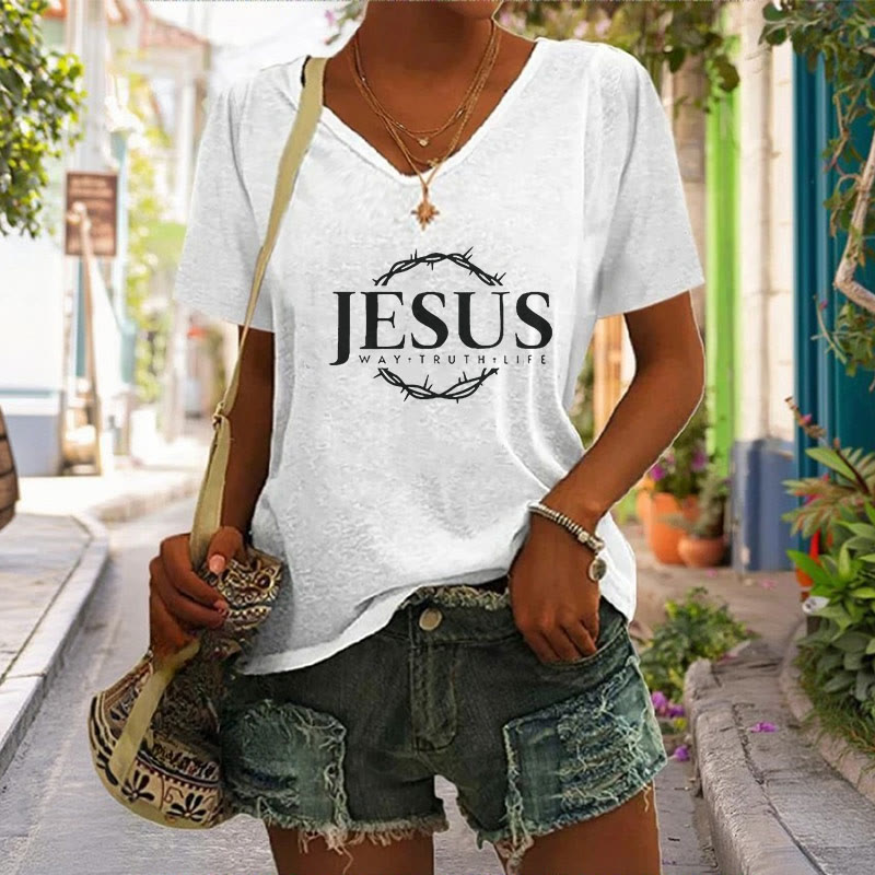 Christianartworkshop Women's Jesus Print Casual Print V-Neck T-shirt - image 4