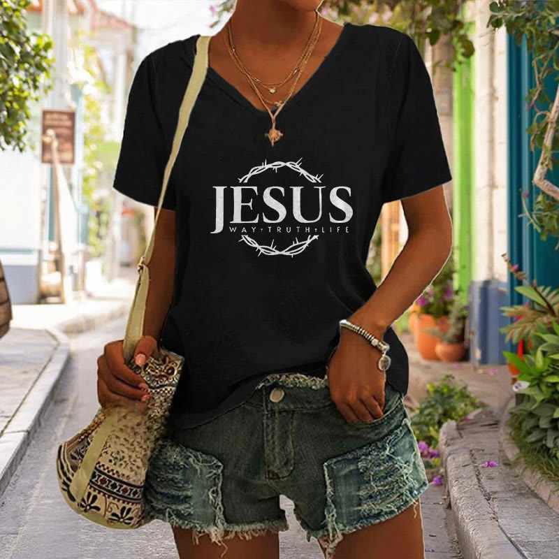 Christianartworkshop Women's Jesus Print Casual Print V-Neck T-shirt - image 2