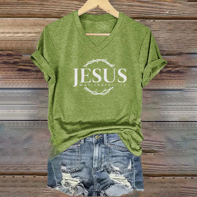 Christianartworkshop Women's Jesus Print Casual Print V-Neck T-shirt - Green - 4XL - image 7