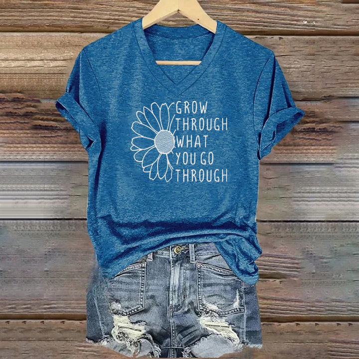 ChristianartworkshopWomen's Grow Through What You Go Through Print V-Neck T-shirt - Blue - 4XL - image 0