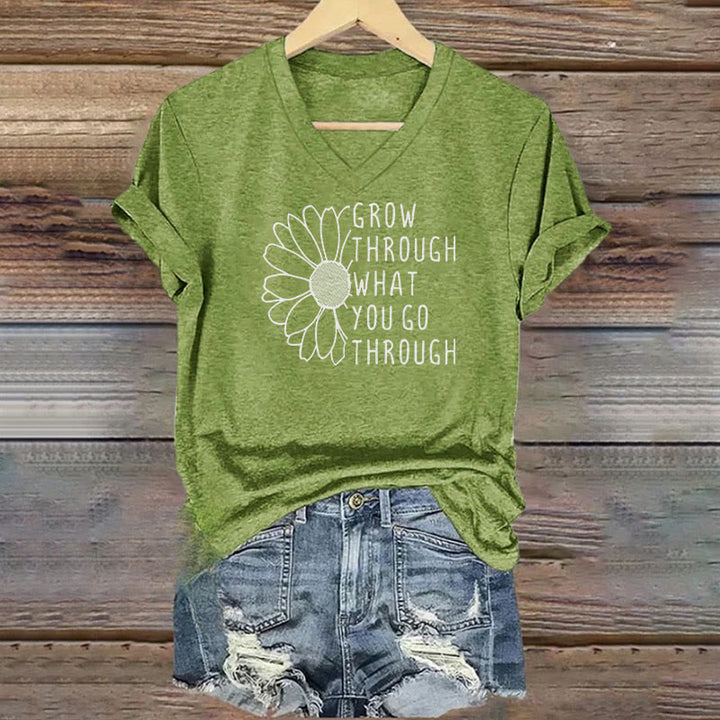 ChristianartworkshopWomen's Grow Through What You Go Through Print V-Neck T-shirt - Green - 4XL - image 4