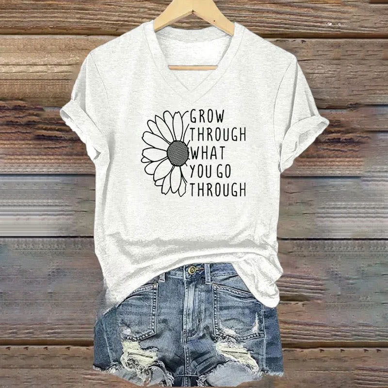 ChristianartworkshopWomen's Grow Through What You Go Through Print V-Neck T-shirt