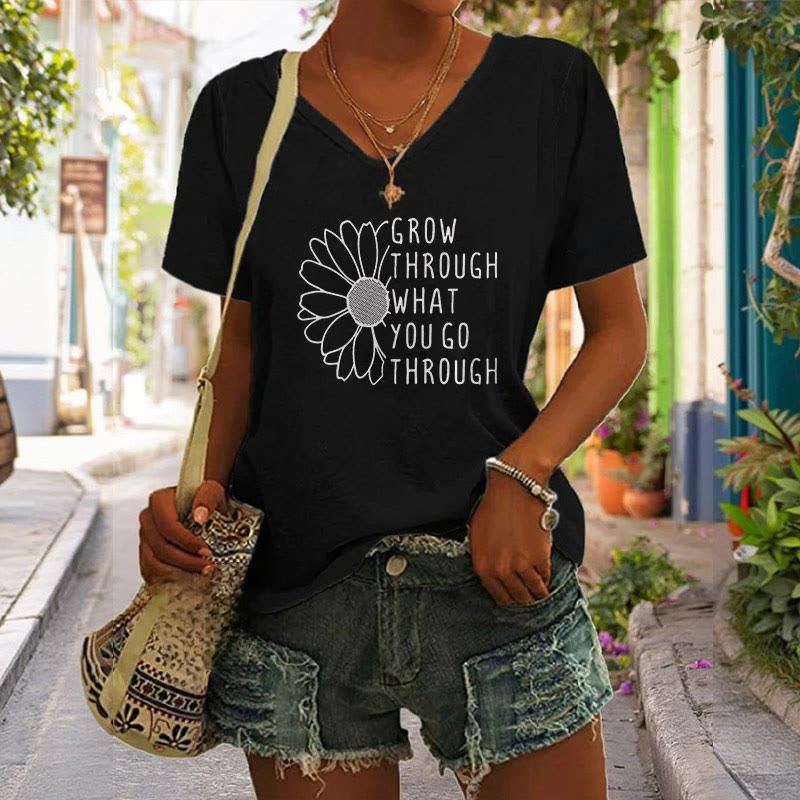 ChristianartworkshopWomen's Grow Through What You Go Through Print V-Neck T-shirt - image 4