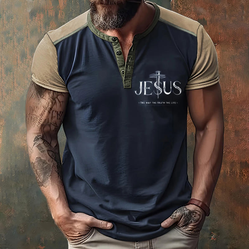 Christianartworkshop Men's Faith with Cross Print Henley Neck T-Shirt - image 2
