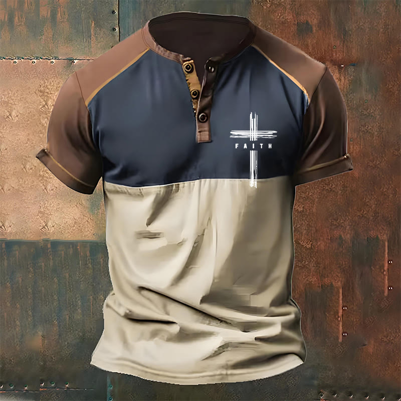 Christianartworkshop Men's Vintage Faith Print Henley Neck T-Shirt - Khaki - 4XL - image 1