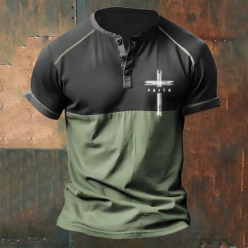 Christianartworkshop Men's Vintage Faith Print Henley Neck T-Shirt - Green - 4XL - image 2