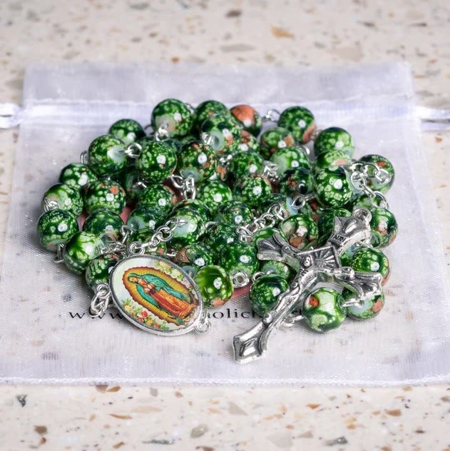Christianartworkshop Our Lady Medal & Crucifix of 8mm Green Glass Beads Rosary—Blessed Symbol of Faith