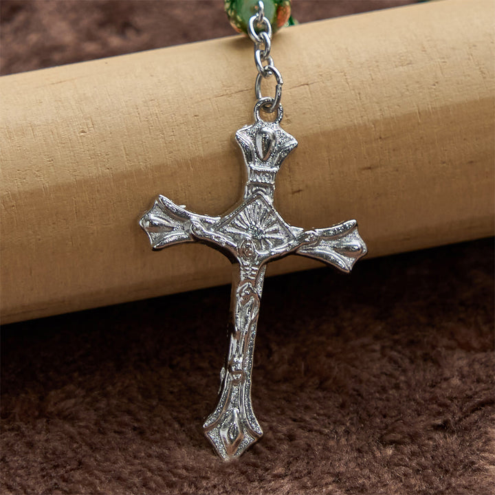 Christianartworkshop Our Lady Medal & Crucifix of 8mm Green Glass Beads Rosary—Blessed Symbol of Faith
