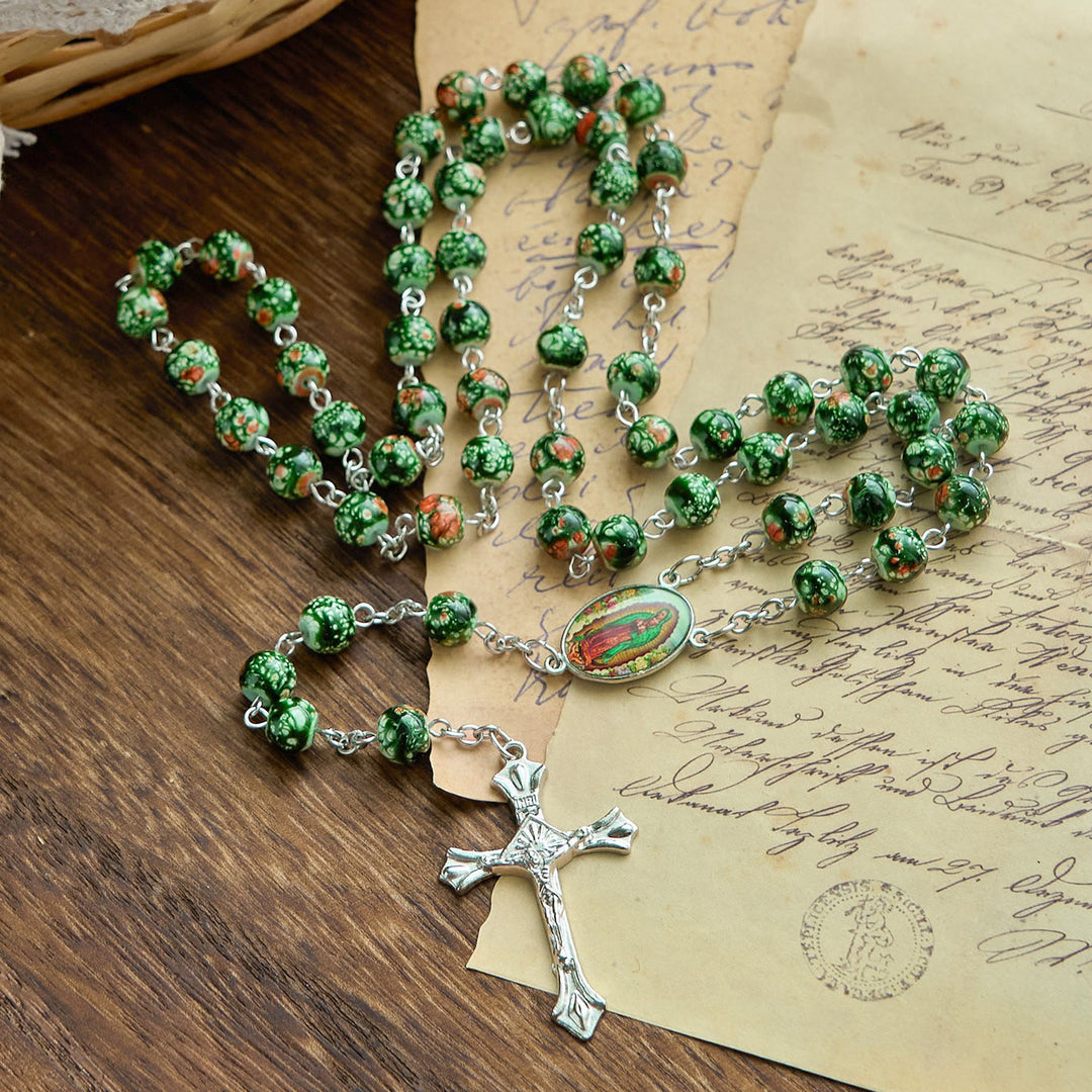 Christianartworkshop Our Lady Medal & Crucifix of 8mm Green Glass Beads Rosary—Blessed Symbol of Faith