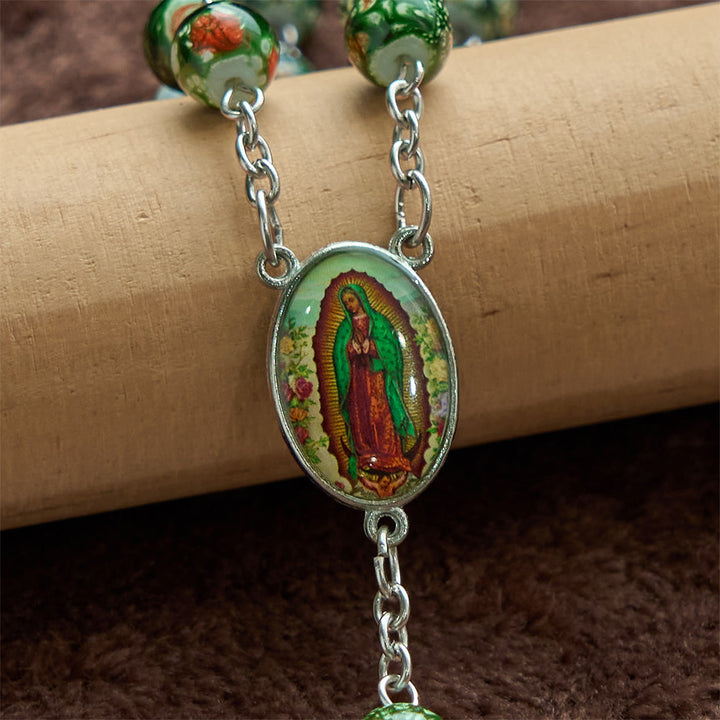 Christianartworkshop Our Lady Medal & Crucifix of 8mm Green Glass Beads Rosary—Blessed Symbol of Faith
