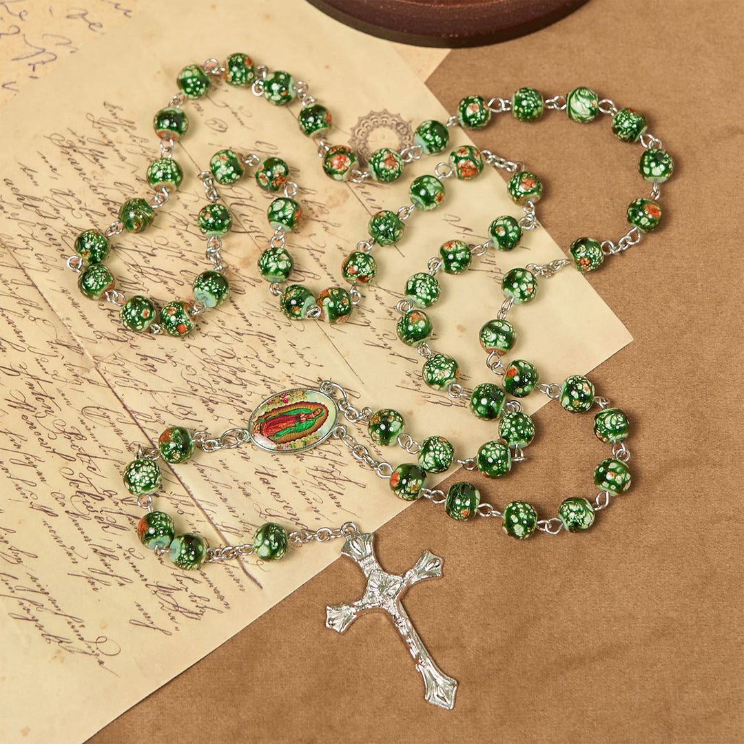 Christianartworkshop Our Lady Medal & Crucifix of 8mm Green Glass Beads Rosary—Blessed Symbol of Faith