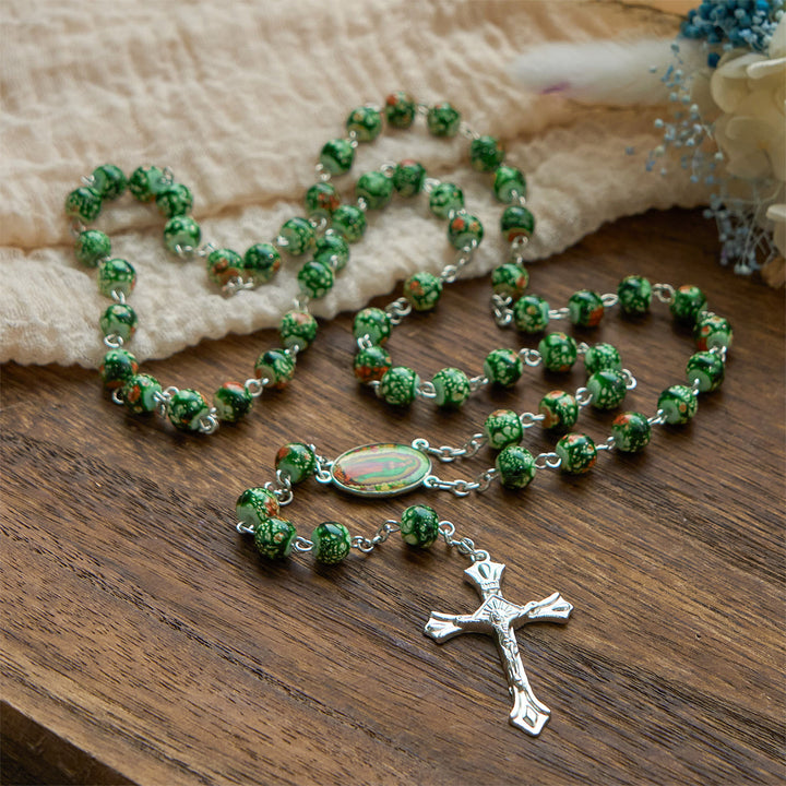 Christianartworkshop Our Lady Medal & Crucifix of 8mm Green Glass Beads Rosary—Blessed Symbol of Faith
