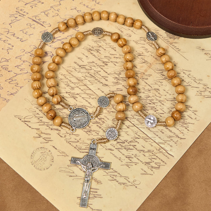 Christianartworkshop St. Benedict & Crucifix of 8mm Olive Wood Round Beads Rosary: Blessed Devotion in Every Bead - image 1