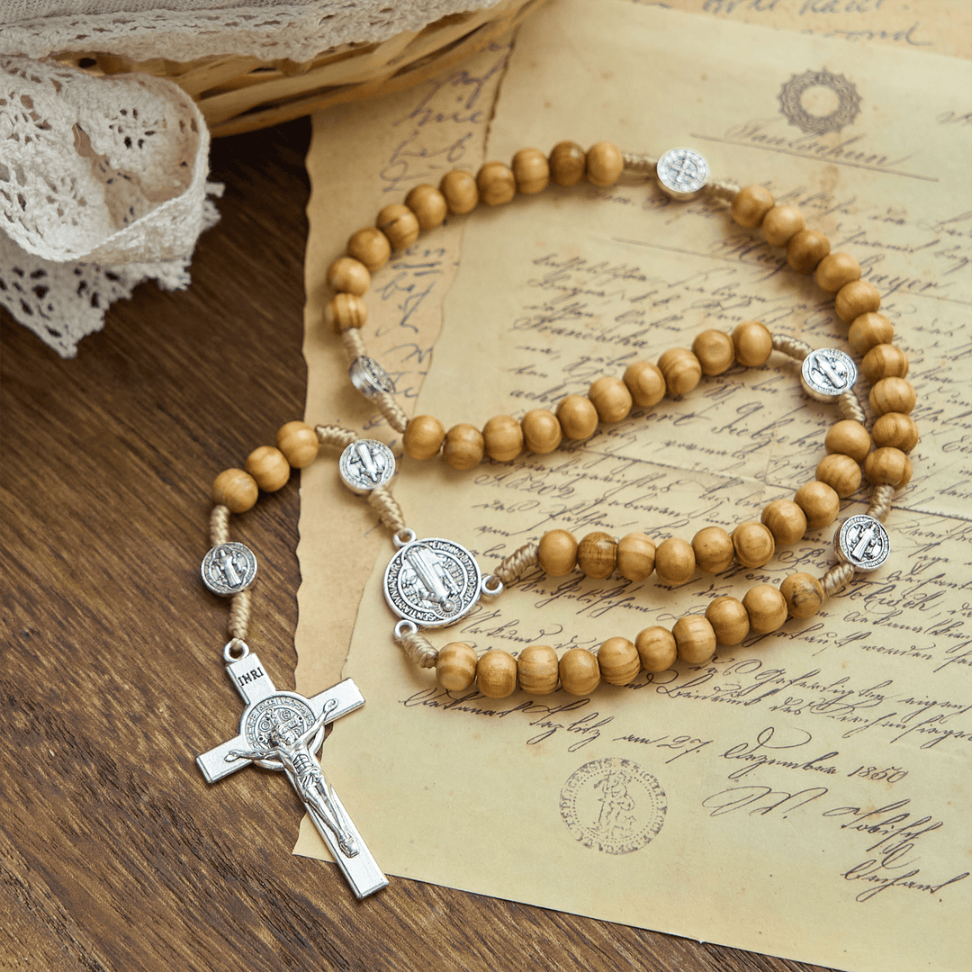 Christianartworkshop St. Benedict & Crucifix of 8mm Olive Wood Round Beads Rosary: Blessed Devotion in Every Bead - image 4