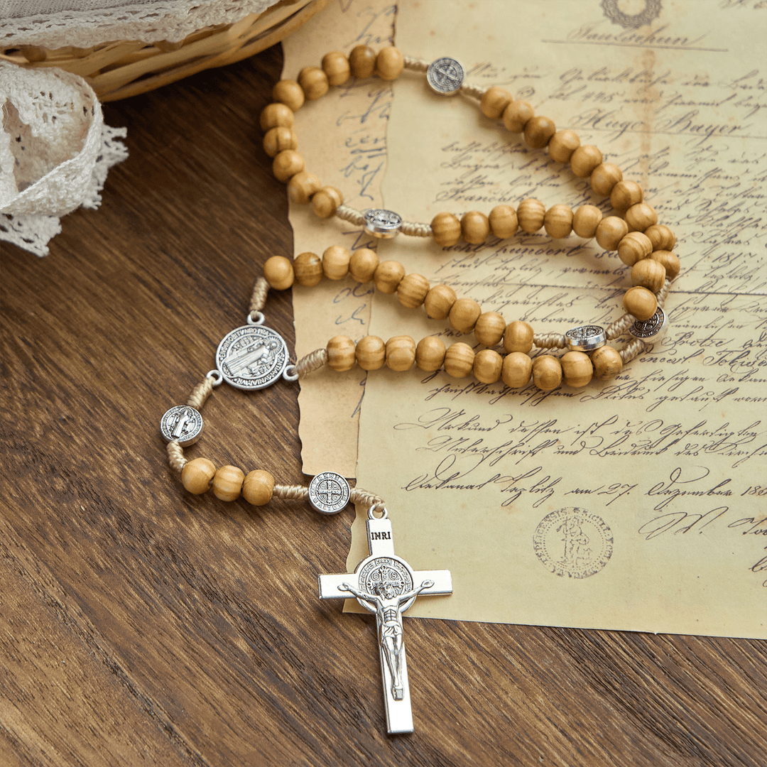 Christianartworkshop St. Benedict & Crucifix of 8mm Olive Wood Round Beads Rosary: Blessed Devotion in Every Bead - image 2