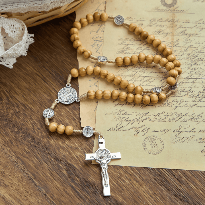 Christianartworkshop St. Benedict & Crucifix of 8mm Olive Wood Round Beads Rosary: Blessed Devotion in Every Bead - image 2