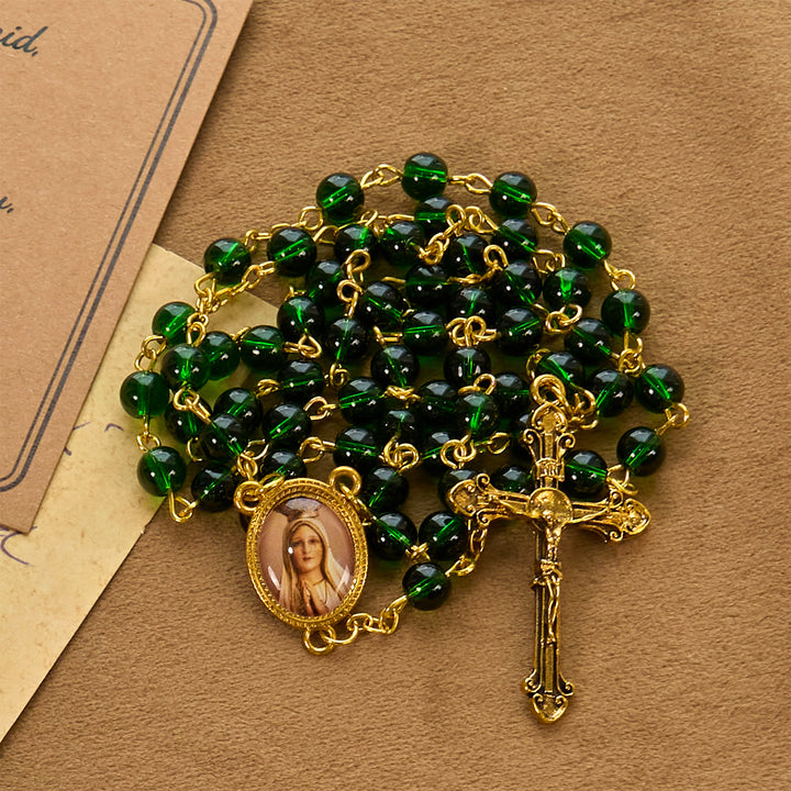Christianartworkshop Vintage Green Glass Bead Rosary with Virgin Mary and Crucifix: Faith - Filled Heirloom