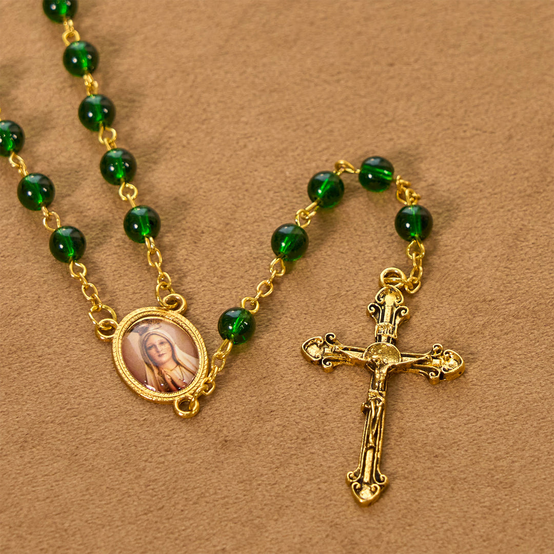 Christianartworkshop Vintage Green Glass Bead Rosary with Virgin Mary and Crucifix: Faith - Filled Heirloom