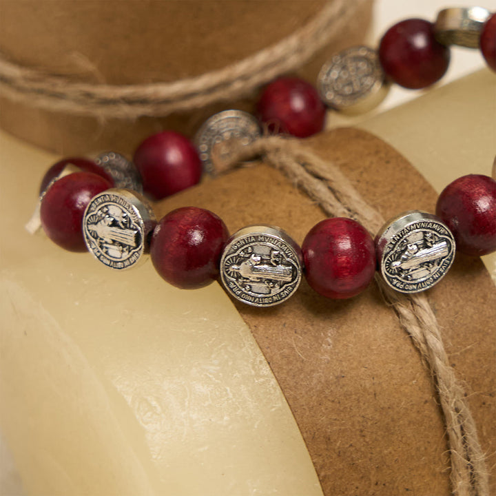 Christianartworkshop Vintage Style St. Benedict Pendant and Red Beads Bracelet: Cherished Symbol of Holy Guidance