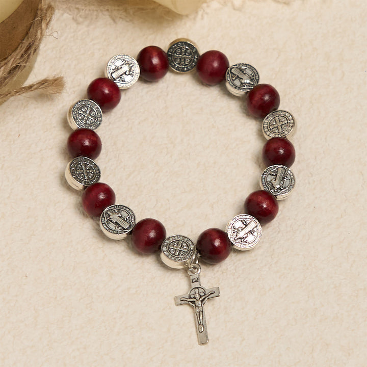 Christianartworkshop Vintage Style St. Benedict Pendant and Red Beads Bracelet: Cherished Symbol of Holy Guidance