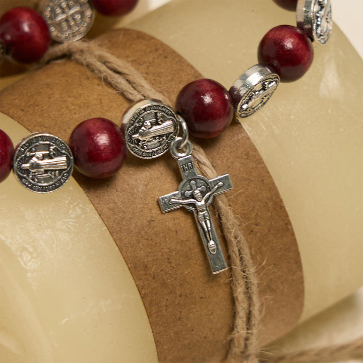 Christianartworkshop Vintage Style St. Benedict Pendant and Red Beads Bracelet: Cherished Symbol of Holy Guidance