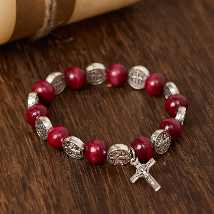 Christianartworkshop Vintage Style St. Benedict Pendant and Red Beads Bracelet: Cherished Symbol of Holy Guidance