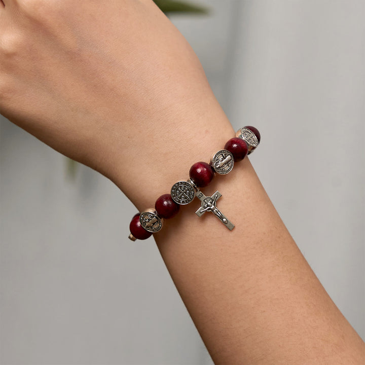 Christianartworkshop Vintage Style St. Benedict Pendant and Red Beads Bracelet: Cherished Symbol of Holy Guidance