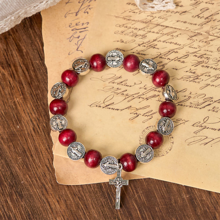 Christianartworkshop Vintage Style St. Benedict Pendant and Red Beads Bracelet: Cherished Symbol of Holy Guidance