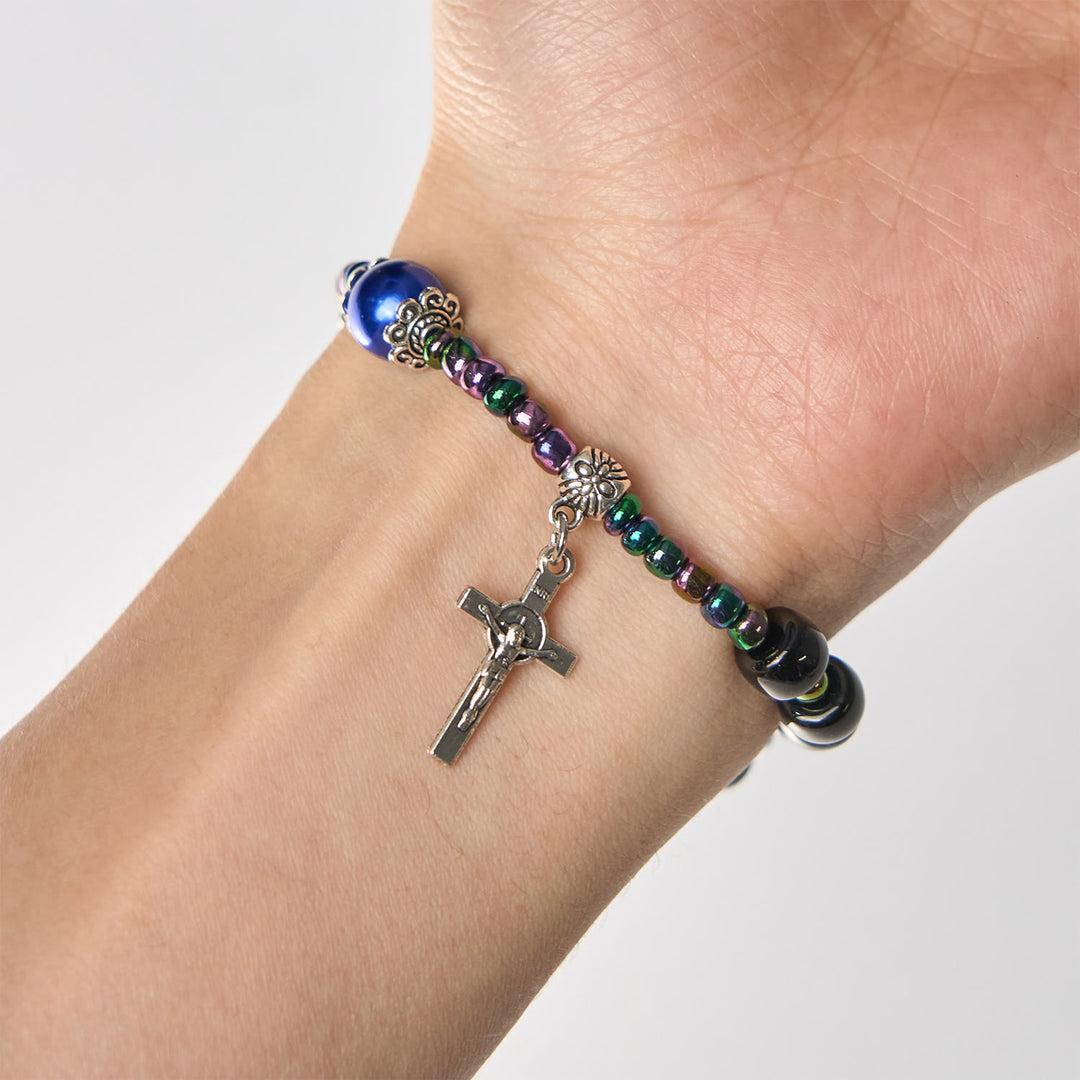 Christianartworkshop Ebony and Blue Agate with Our Lady Medal & Crucifix Bracelet