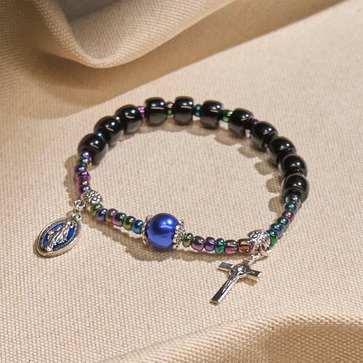 Christianartworkshop Ebony and Blue Agate with Our Lady Medal & Crucifix Bracelet