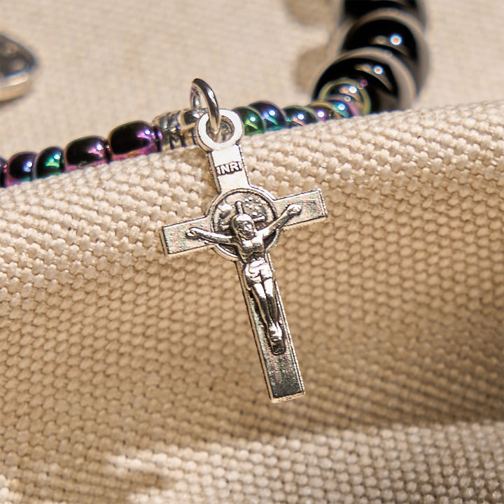Christianartworkshop Ebony and Blue Agate with Our Lady Medal & Crucifix Bracelet