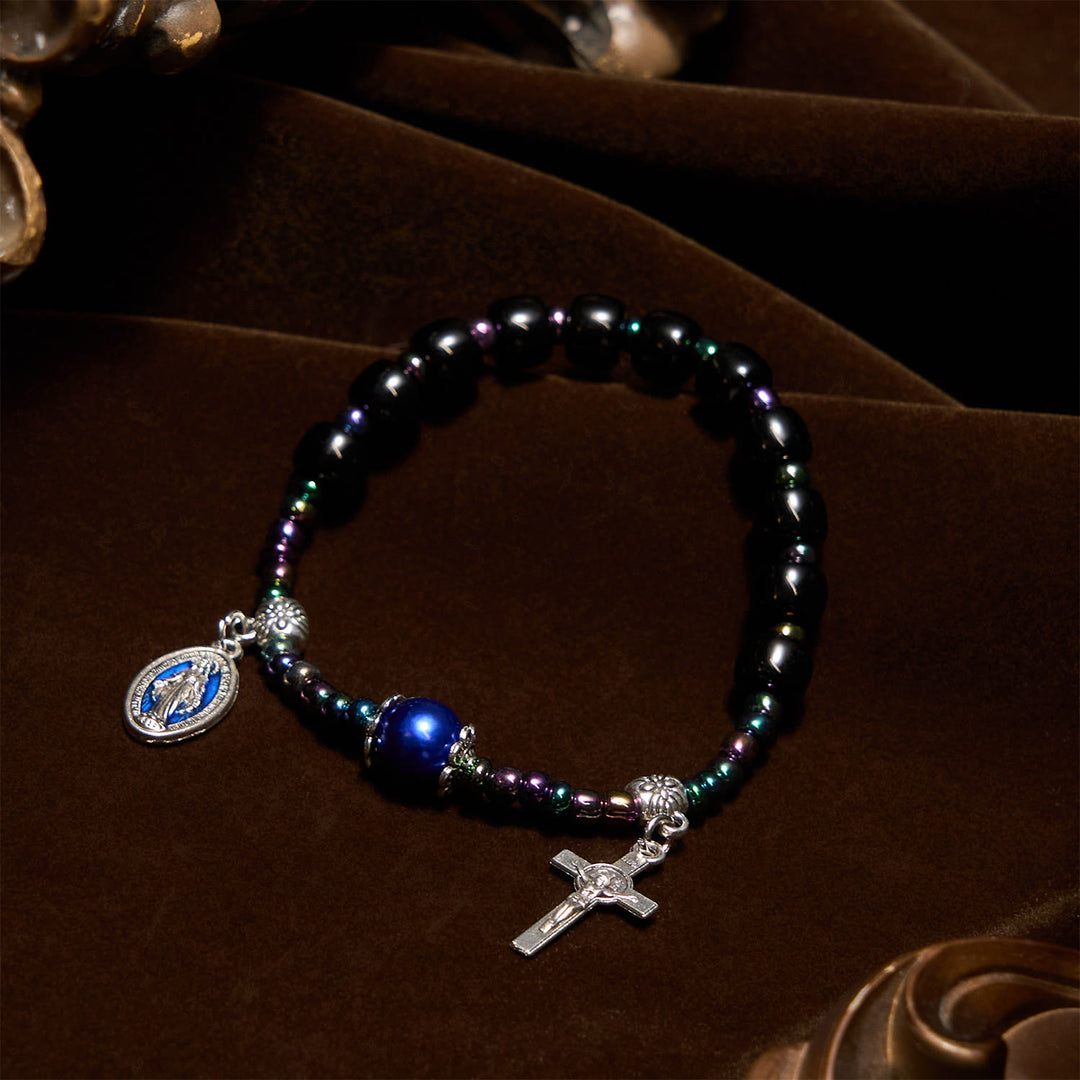 Christianartworkshop Ebony and Blue Agate with Our Lady Medal & Crucifix Bracelet