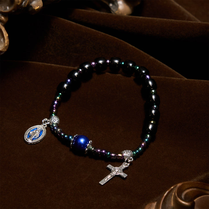 Christianartworkshop Ebony and Blue Agate with Our Lady Medal & Crucifix Bracelet